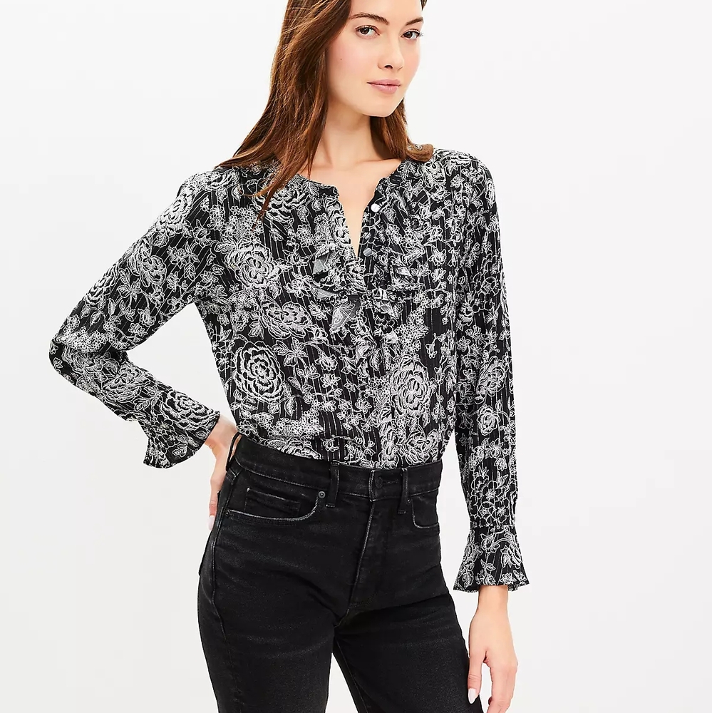 LOFT Black and White Ruffled Blouse with Mandarin Collar